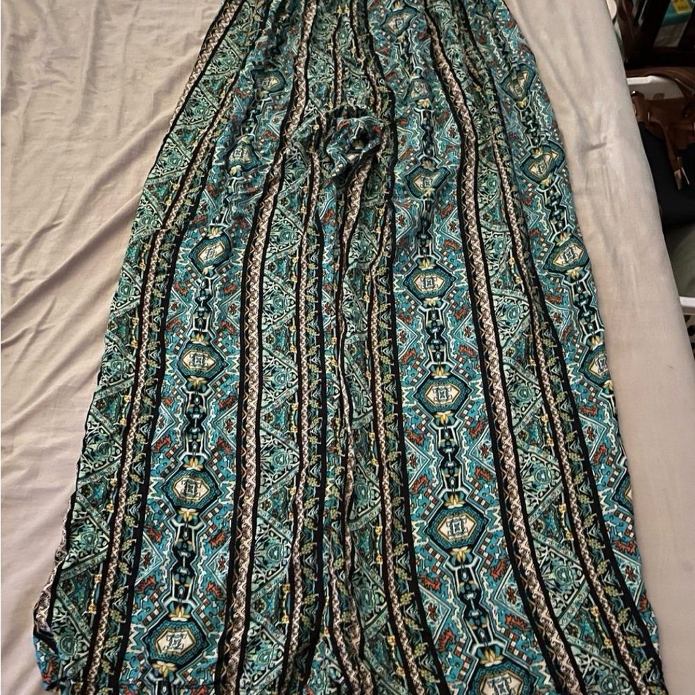 Elegant Teal Patterned Wide Leg Pants